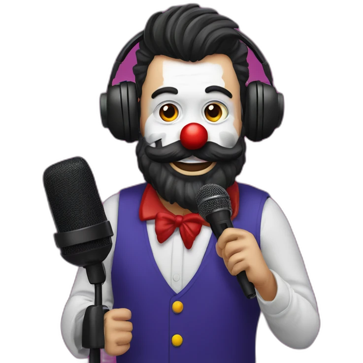 radio presenter with black beard and with a microphone on his hand dressed as a silly clown emoji
