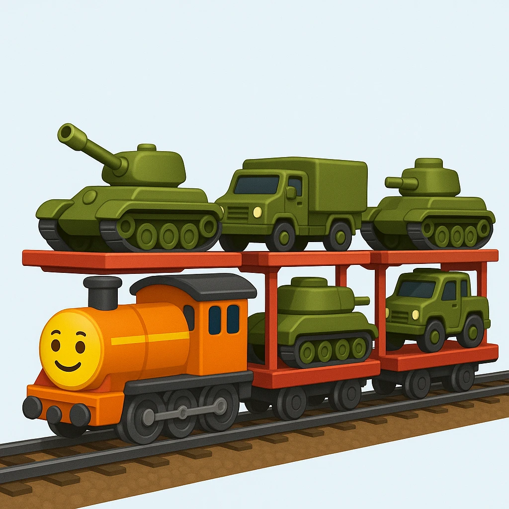 Create a realistic ordinary cargo train transporting military equipment such as tanks and trucks in a classic emoji style. This is variant 4 of the design. emoji