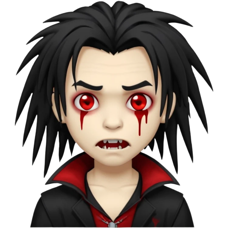 Boy, vampire, black hair, medium long emo rapper dreads, emo, shaggy, dark, spooky, creepy, fangs, dark skin, red eyes, blood, cute emoji