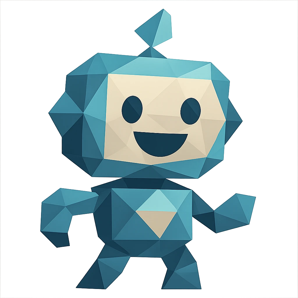 polygonal low-poly AI agent with a comical face, geometric shapes emoji