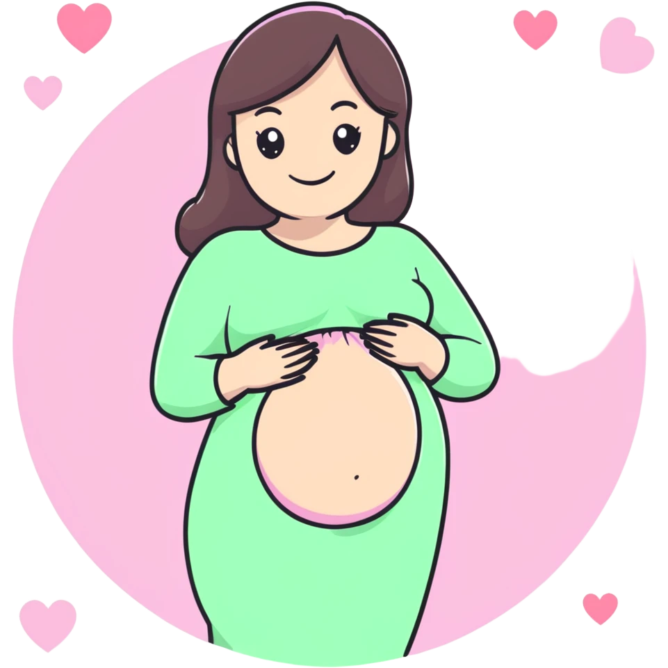 smiling brunette pregnant woman surrounded by pastel pink hearts emoji