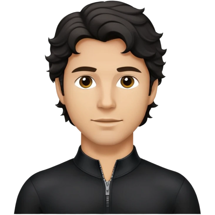 Caucasian man with black wavy hair wearing a long sleeve black spandex shirt with collar and zip to the chest emoji