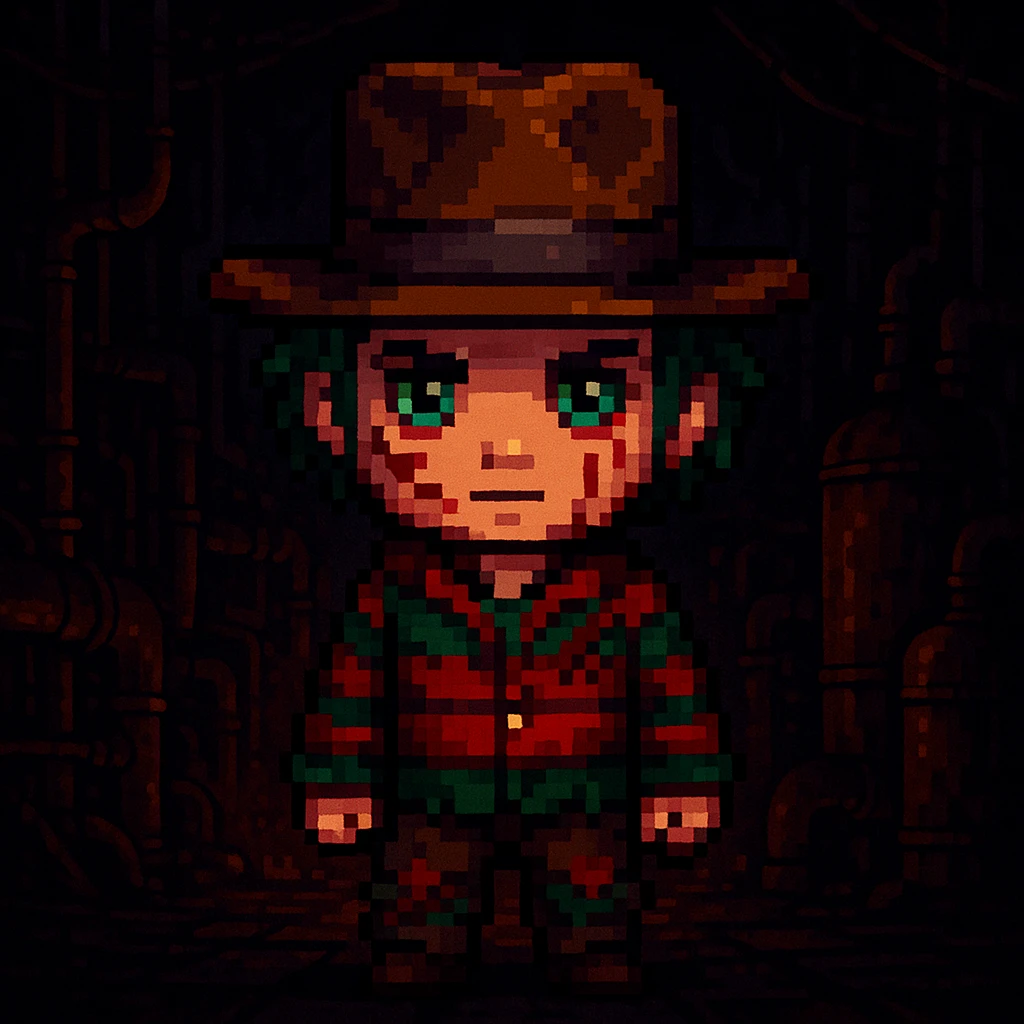 Add a spooky, nightmarish background with a boiler room and dark shadows behind Freddy Krueger, keep pixel art style emoji