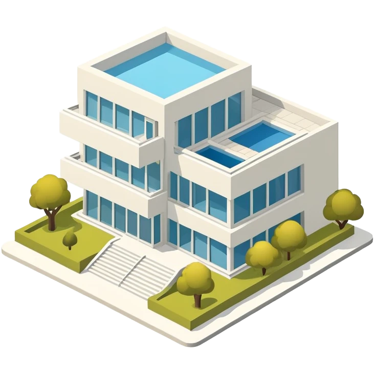 Modern Art Museum exterior, isometric dollhouse-style, realistic emoji