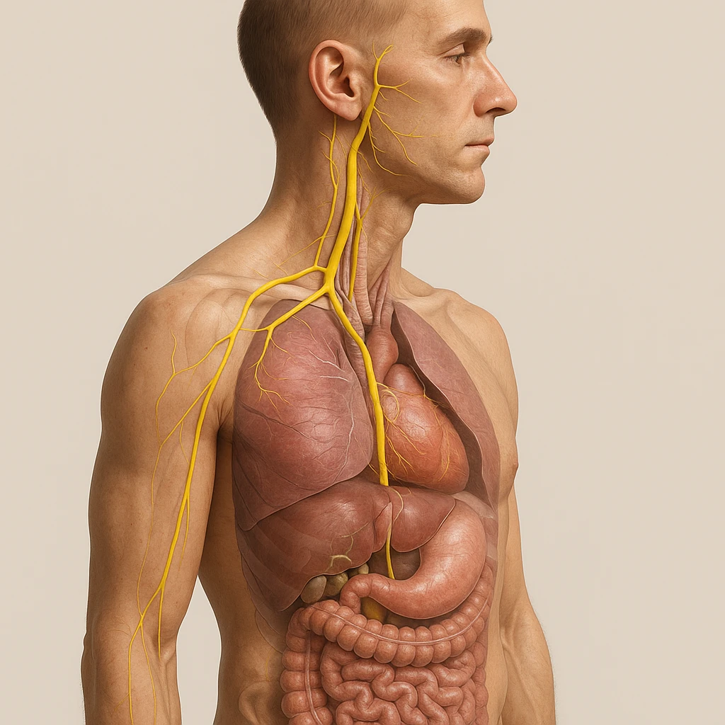 realistic 4K image of human body with vagus nerve highlighted, left lateral view, anatomical details, visible path of vagus nerve, transparency on internal organs, natural colors, neutral background emoji