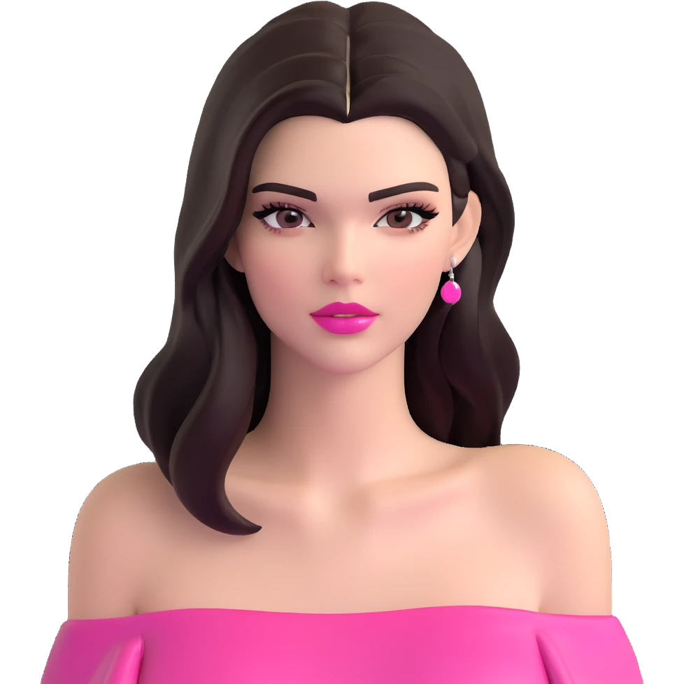 Kendall Jenner supermodel, longer face, long dark hair, bright pink glossy lipgloss, rosy pink blush, bare shoulders emoji