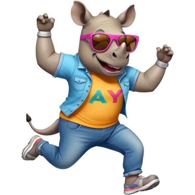 friendly anthropomorphised rhino in jeans and colourful t-shirt, wearing dark sunglasses, jogging upright, jumping with excitement, dynamic pose emoji