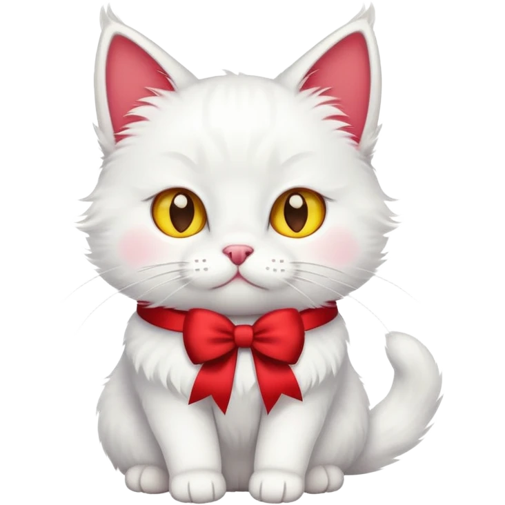 A white cat with a yellow nose and a red bow emoji