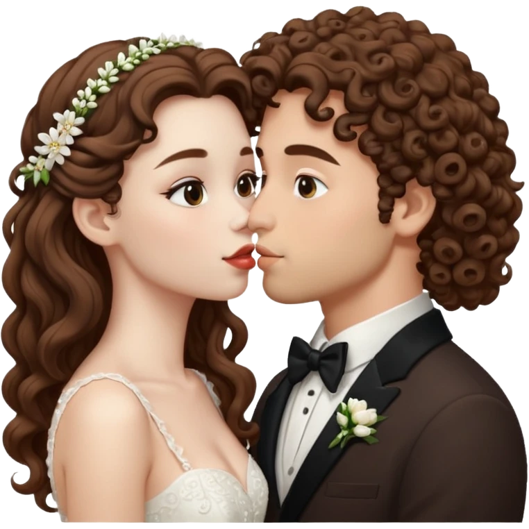 Couple kissing, the man would be white-skinned, curly-haired, brown. The serious woman with white skin, long hair and brown color  emoji