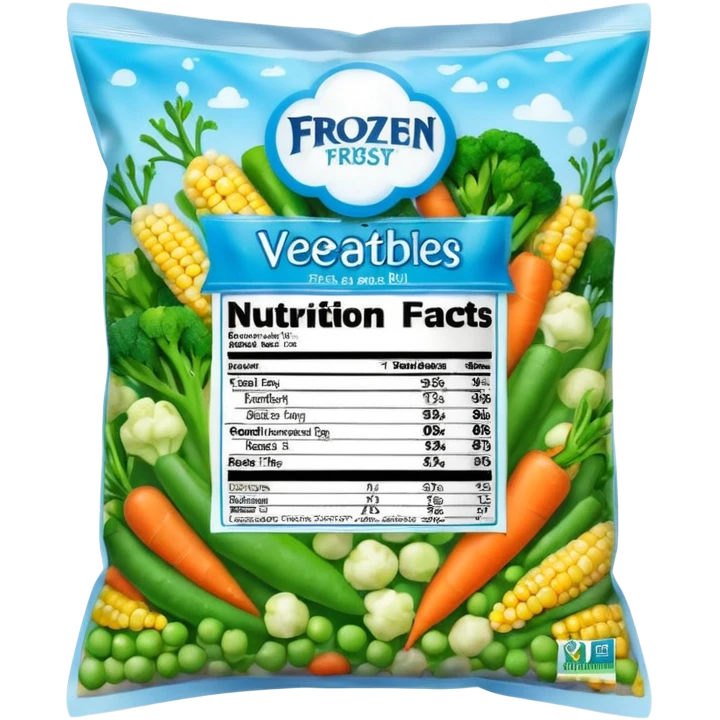 A colorful plastic bag of frozen mixed vegetables (peas, carrots, corn, and broccoli) with a bright label showing freshness and nutrition info. The bag surface has light frost and condensation. Placed in a freezer display section with other frozen food packs around it, real-life grocery store look. emoji