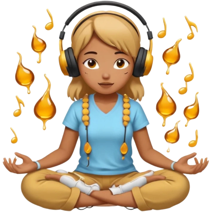 This girl(🧘🏻‍♀️) is sitting cross-legged in a meditation pose, wearing headphones(🎧) and listening to music. The song is so good that honey is dripping from her ears, and her expression is completely dazed because she’s enjoying the music so much. emoji