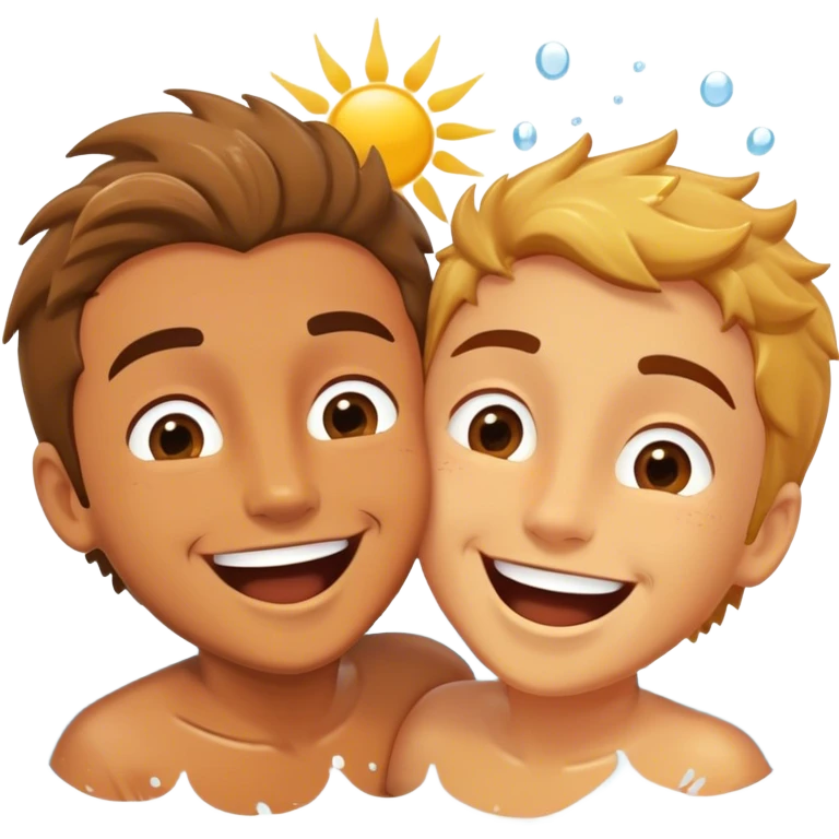 Two friends, as sea explorers, splash each other in the ocean, laughing as their eyes lock in pure joy and appreciation. The sun glistens on the water, highlighting their deep connection and the simple happiness of the moment.  emoji