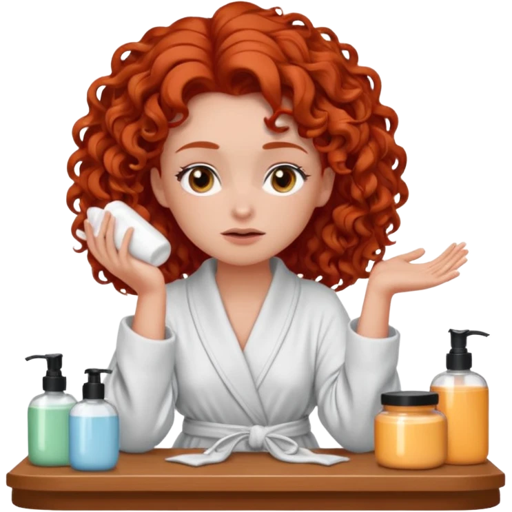Cartoon emoji of a girl with voluminous curly red hair, fair skin, warm brown eyes. Wearing a chic milky silk robe with long sleeves, no makeup. Sitting at a vanity full of skincare products, holding her head with both hands, unsure which to choose. Smooth, simple, stylized." emoji