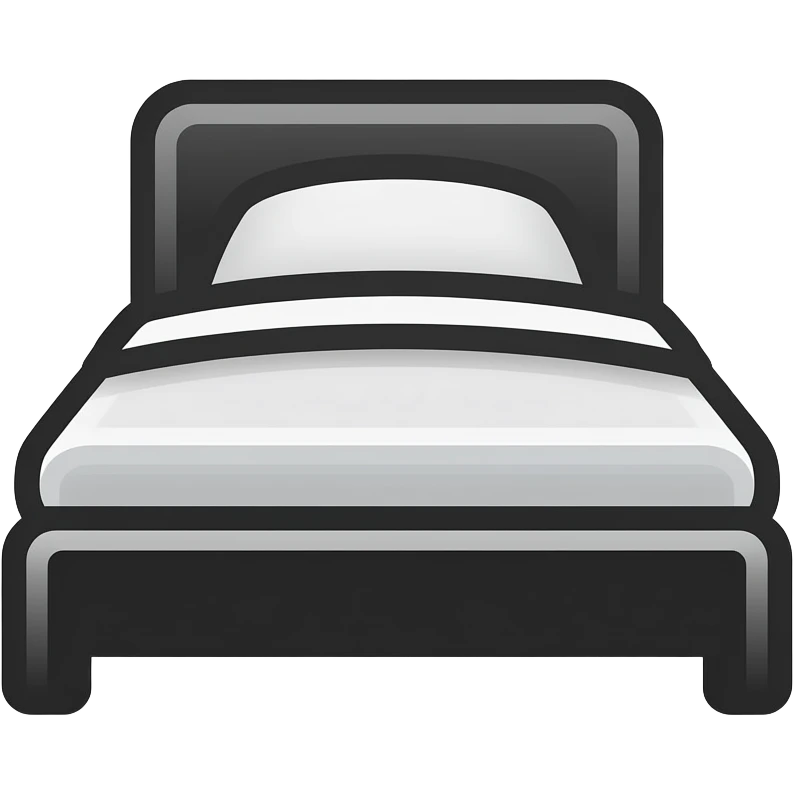 Minimalist bed icon, flat design, black solid silhouette, simple geometric shapes, front view, low rectangular bed with a thin mattress and a single pillow, clean lines, no gradients, no shadows, centered composition, modern logo style, monochrome, vector icon, white background. emoji