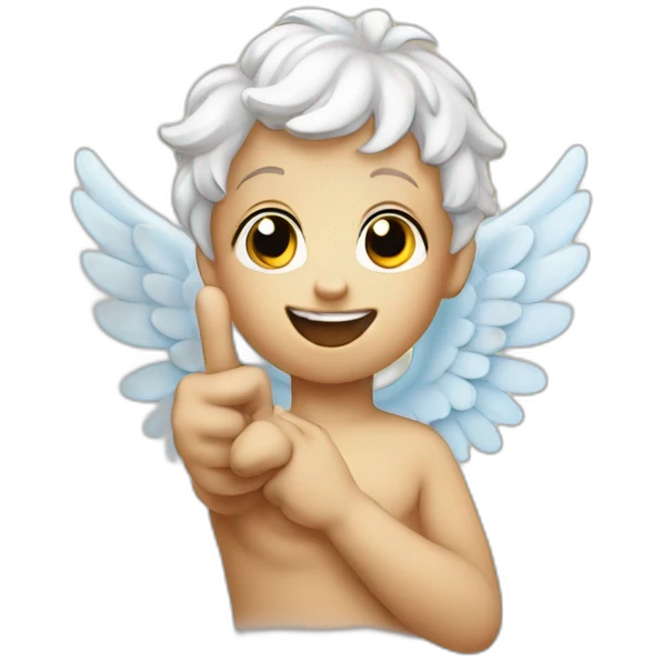 cherub making the peace sign with his left hand emoji