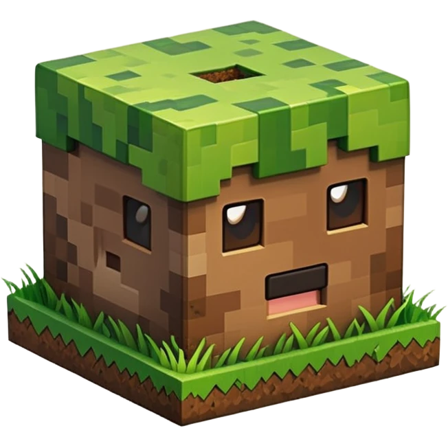 A 3D Apple-style emoji of a Minecraft grass block, cubic shape, with bright green grass on top and brown soil with pixel texture on the sides, simple and cute cartoon design. emoji
