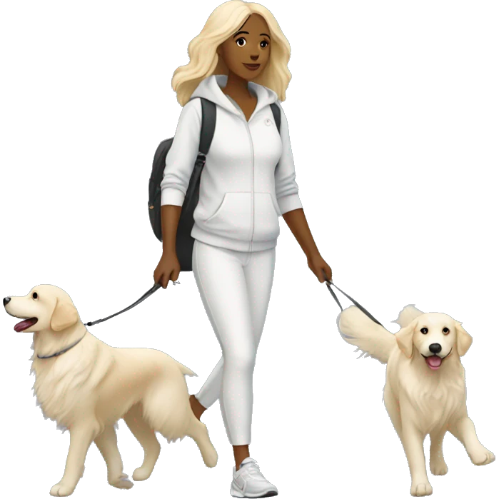 Woman wearing athleisure walking white golden retriever emoji