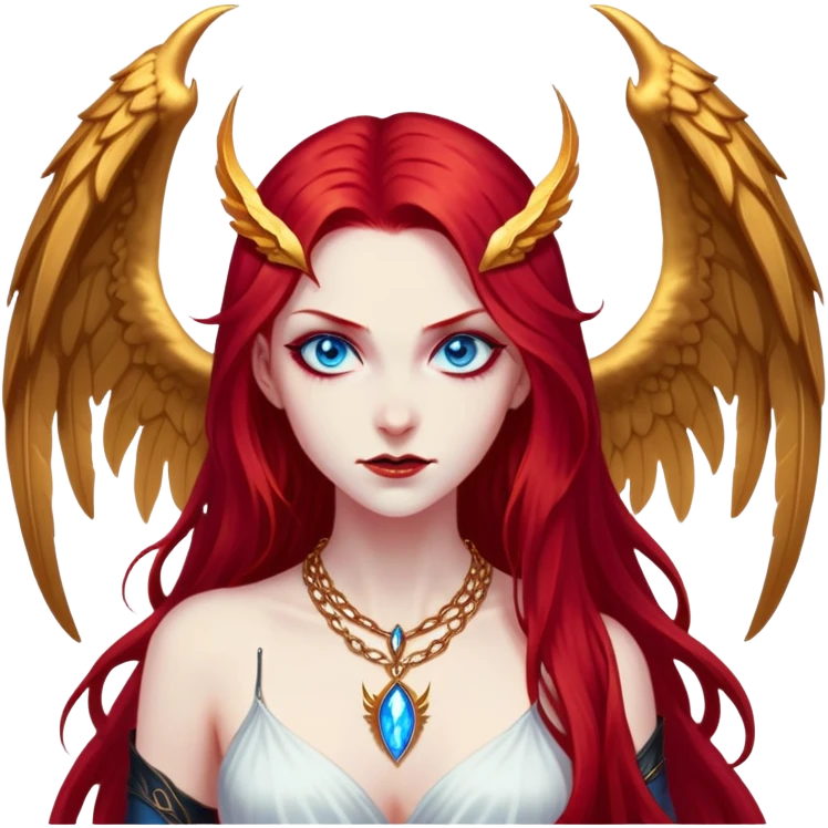 half body portrait of an extremely diabolical girl with massive towering wings, very long flowing blood red hair, glowing blue eyes, black hellfire aura, no horns, evil grin, gold necklace emoji