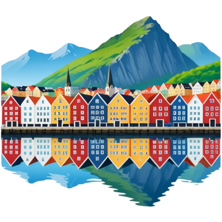 Bergen, Norway city skyline with view of water, colorful buildings, mountains in background, scenic waterfront, vibrant and inviting emoji