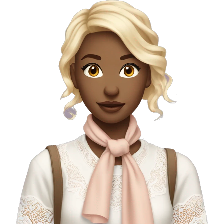 pretty blonde woman with vanilla girl vibes, wearing a white lace shirt with a soft pastel borwn neck scarf and her hair is decorated with soft pastel sweet vibes ribbon emoji
