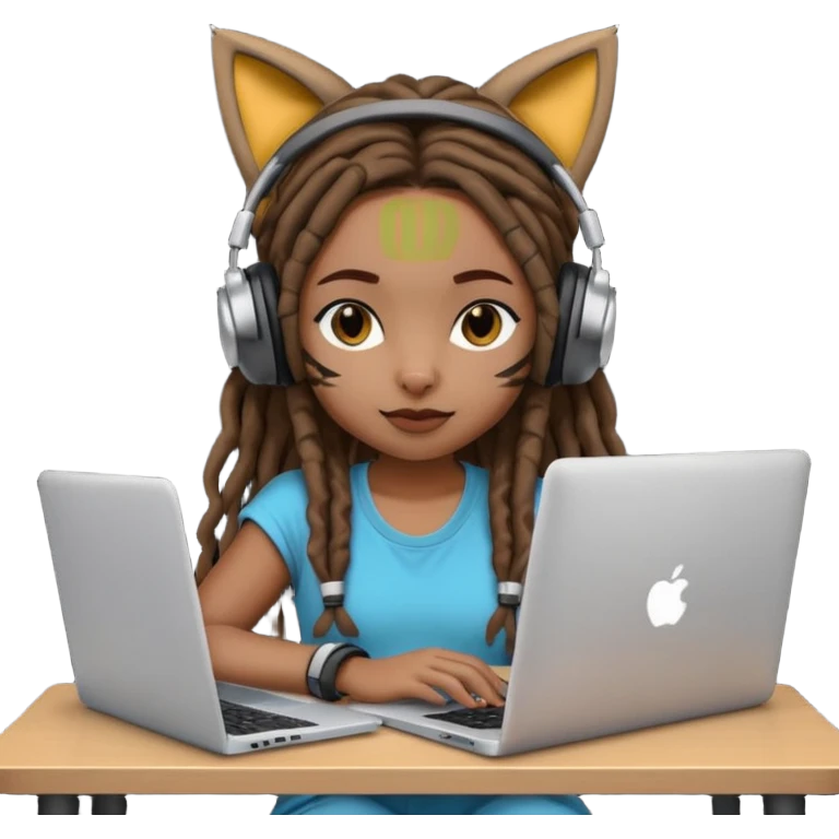 black girl with dreads who works remotely through a laptop with cat ear headphones emoji