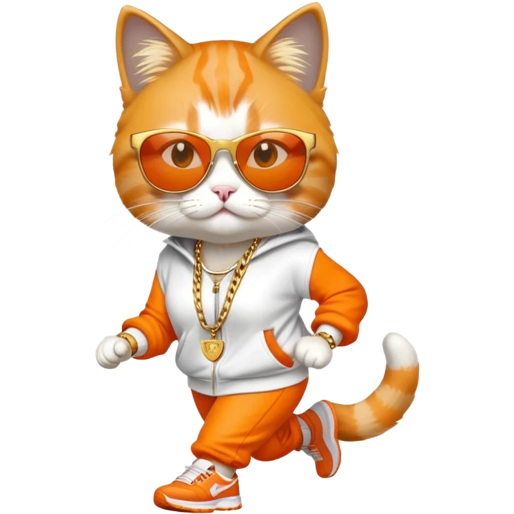 female cat wearing Run DMC hip-hop outfit, gold chains, dark sunglasses, jogging emoji
