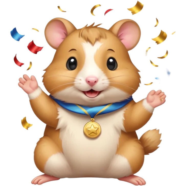 Cute cartoon-style hamster throwing confetti, holding a tiny medal, joyful expression. Painterly shading, white background, sticker-style illustration emoji