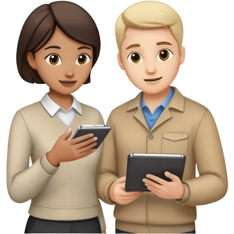 Two team members facing each other, one holding a notepad and the other gesturing, in a collaborative pose emoji