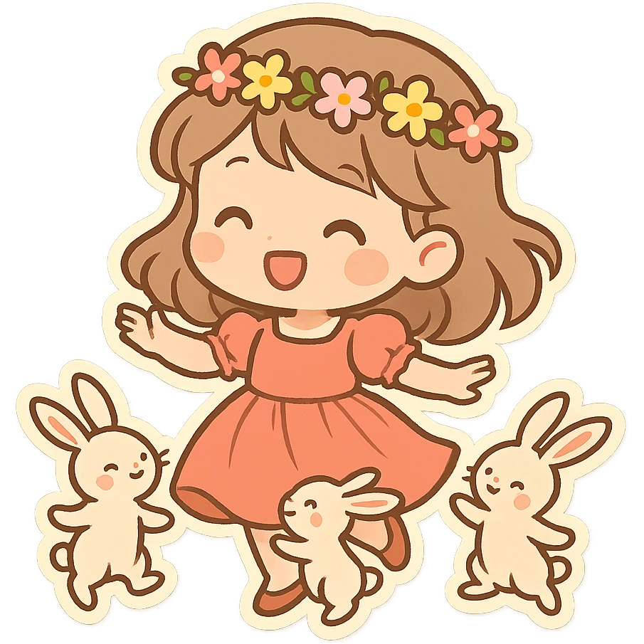 一个可爱的小女孩，穿着漂亮的裙子，头顶戴着花环，正在和几只小兔子跳舞 emoji