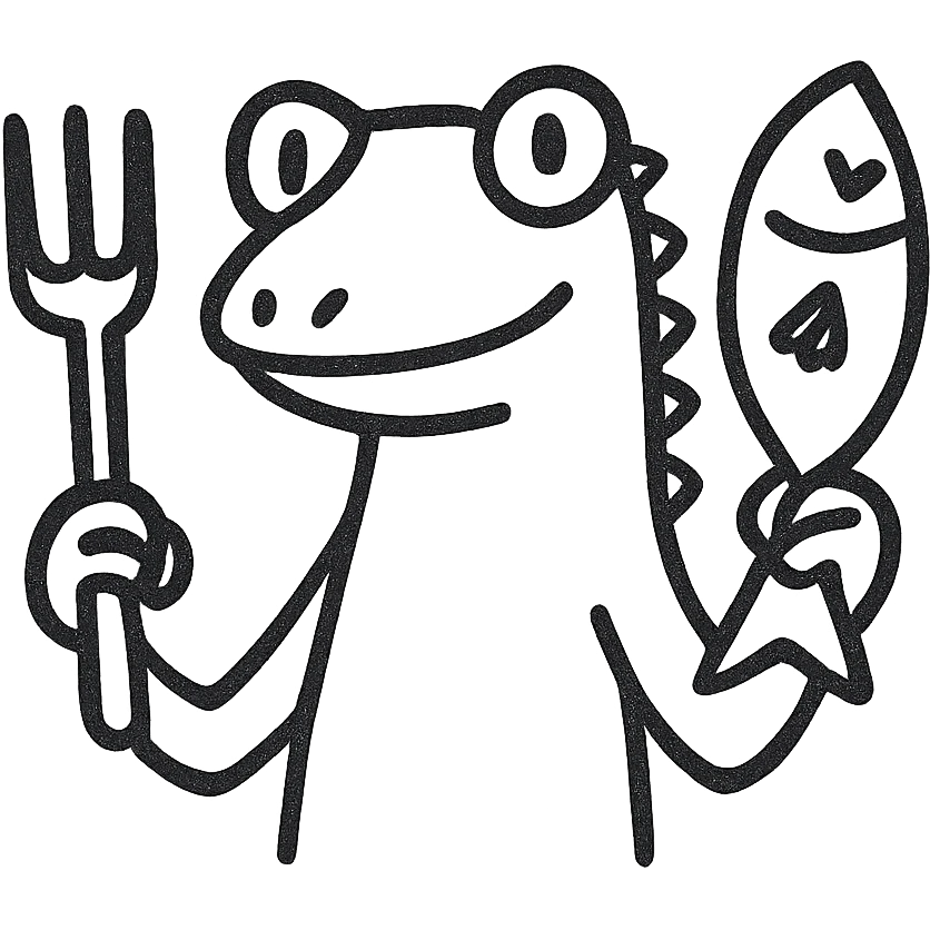 lizard holding a fork and a fish emoji