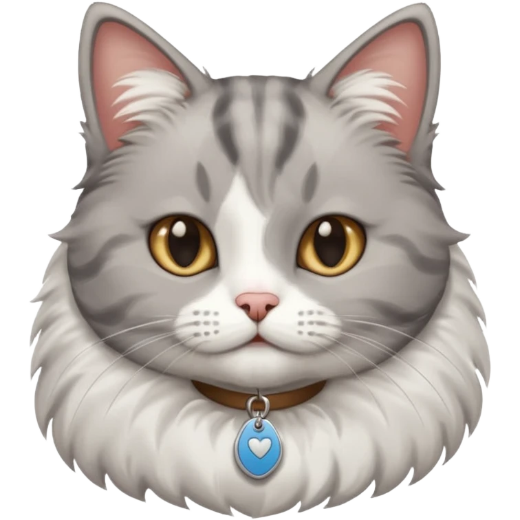 grey and white cat with name tag that says bean emoji