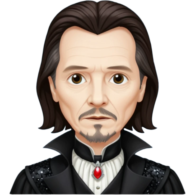 Gary Oldman as Dracula with long dark brown hair, black sequin outfit, without glasses emoji