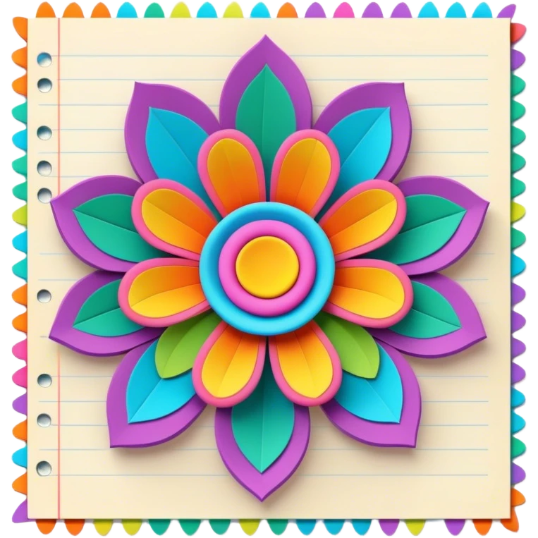 3D, psychedelic colored lined paper with hippie style flower border emoji