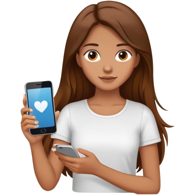 girl with long brown hair wearing a white top holding a smartphone emoji
