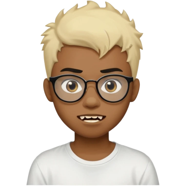 Black Male Teenager with Short punk messy blonde hair, Dark brown bushy eyebrows large expressive golden-brown eyes, wearing a plain white t-shirt, wearing thick black glasses, Dark Brown skin color. vampire tooth emoji