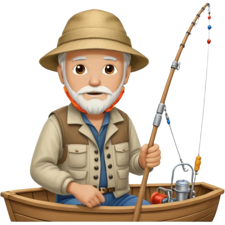 an old white haired, bearded man in fisherman attire, sat in a big boat on the ocean, casting a fishing line into the water emoji