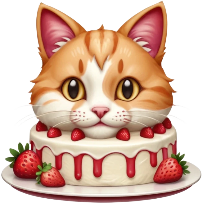 Close-up cinematic shot of a cat tasting strawberry cake, creamy frosting on its paws, dramatic soft lighting, warm tones, ultra detailed fur, shallow depth of field, professional photography style
, emoji