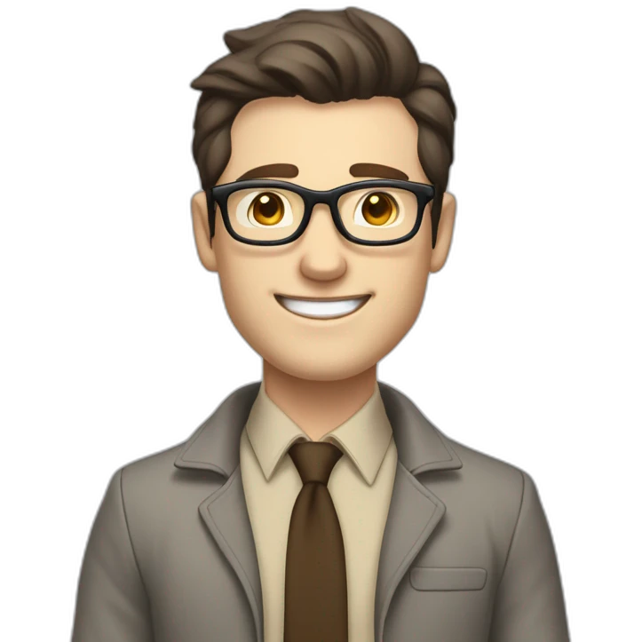 Joyful Full height Pale skinned Fit Man With dark brown hair in gray jacket, beige office shirt, Brown pants and vintage glasses. His thrumbs up emoji