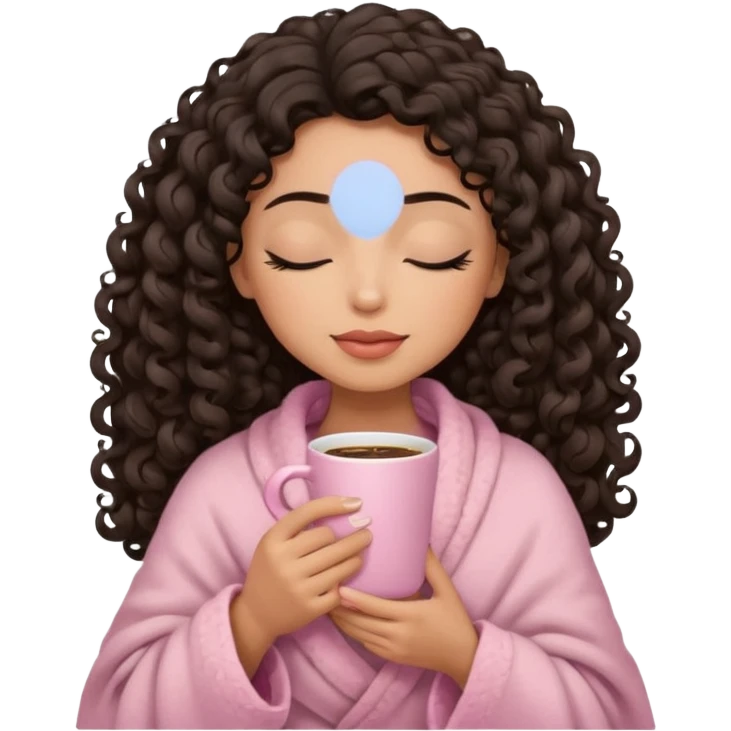 hispanic woman, light brown skin, black long 3b curls, closed eyes, feminine face, holding soft pink coffee cup with beige blanket over shoulders emoji