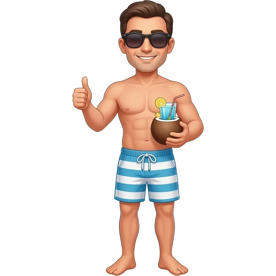 A man in beachwear and sunglasses, giving a thumbs-up, with his other hand drinks a cocktail from a coconut, full body emoji