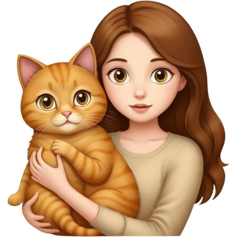 Pretty girl with big eyes and long brown hair with a baby golden fat cat  emoji