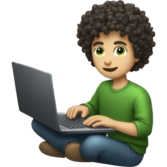 curly guy with dark hair and green eyes typing on a laptop emoji