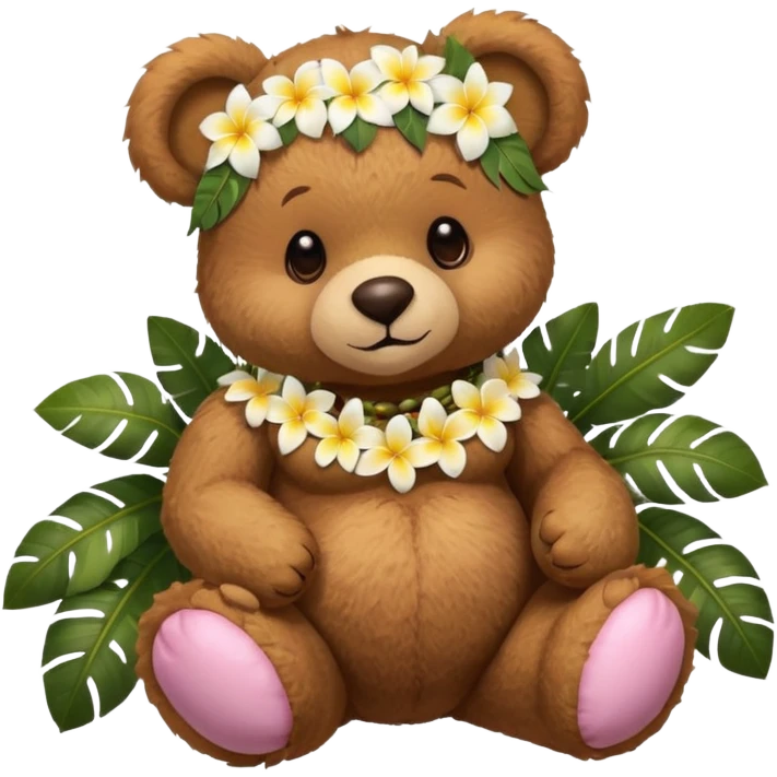 brown teddy bear with exaggerated large coconuts as breasts, wearing a plumeria flower lei emoji