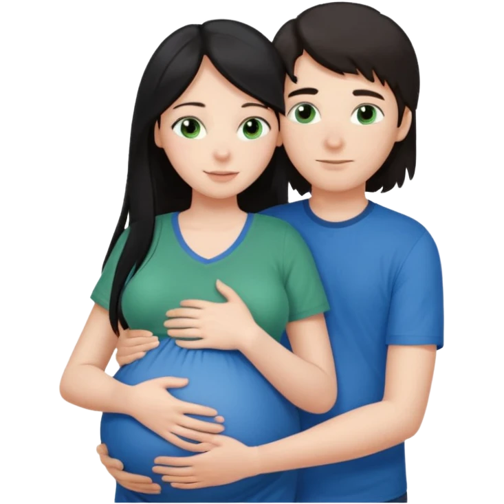 Make a couple emoji they are 18. The girl has long black hair and blue eyes and is hugging a pregnant boy with brown hair and green eyes they are both wearing the same colour top.  emoji