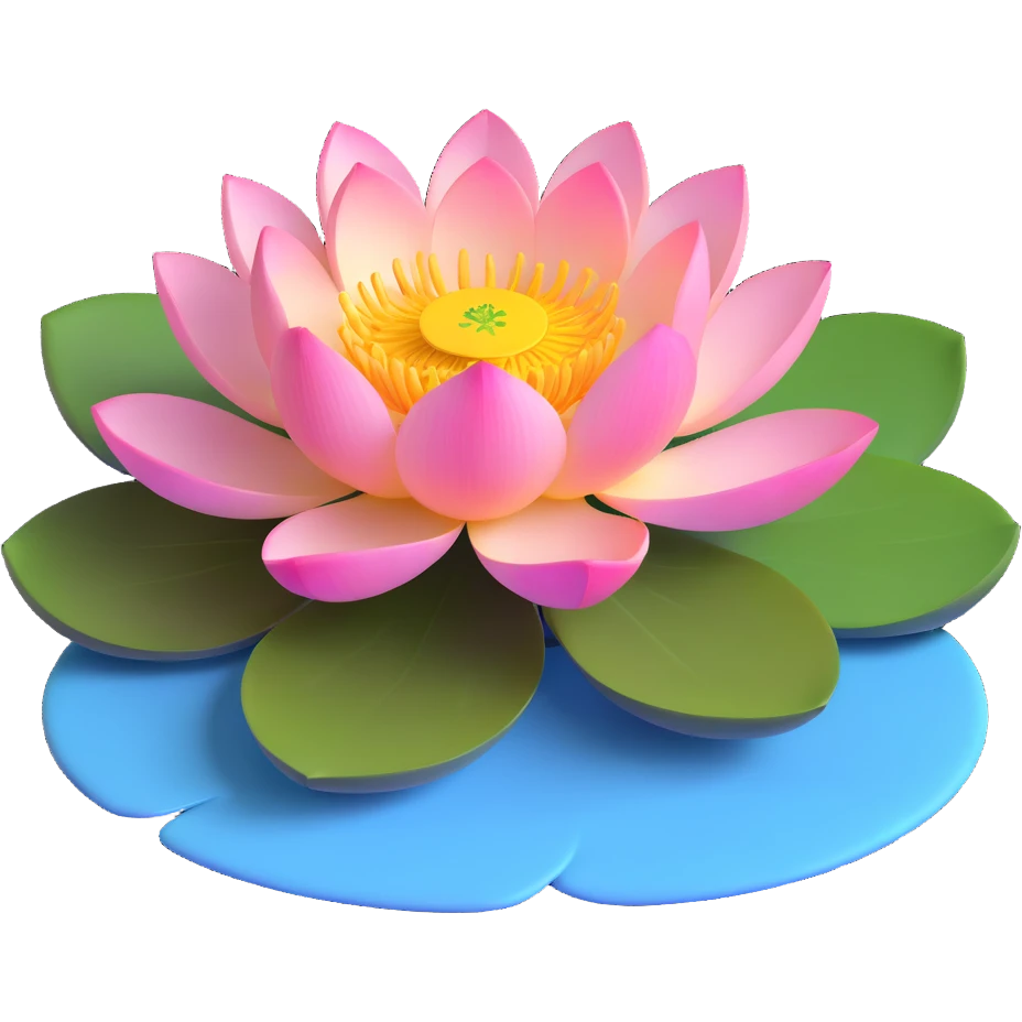 Elegant lotus flower with pink petals, yellow center and circular green lotus pad in water emoji
