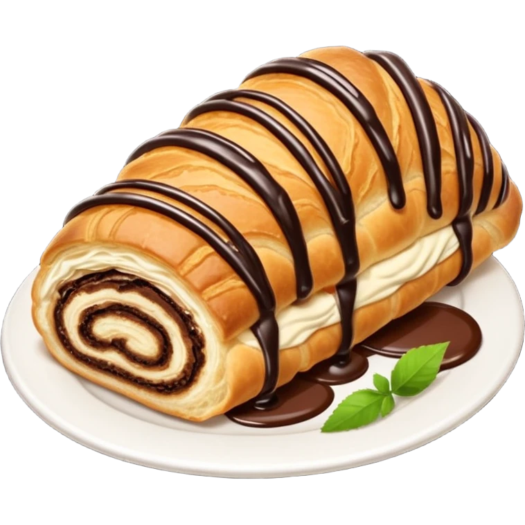  Chocolate-filled croissant roll, golden flaky pastry, chocolate drizzle on top, bite taken, white background, realistic food photo emoji