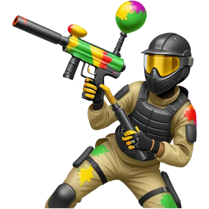 A dynamic scene of a player in action, holding a paintball gun and wearing protective gear. The background shows a vibrant paintball field with obstacles, colorful splatters of paint in the air, and an intense, competitive atmosphere. emoji