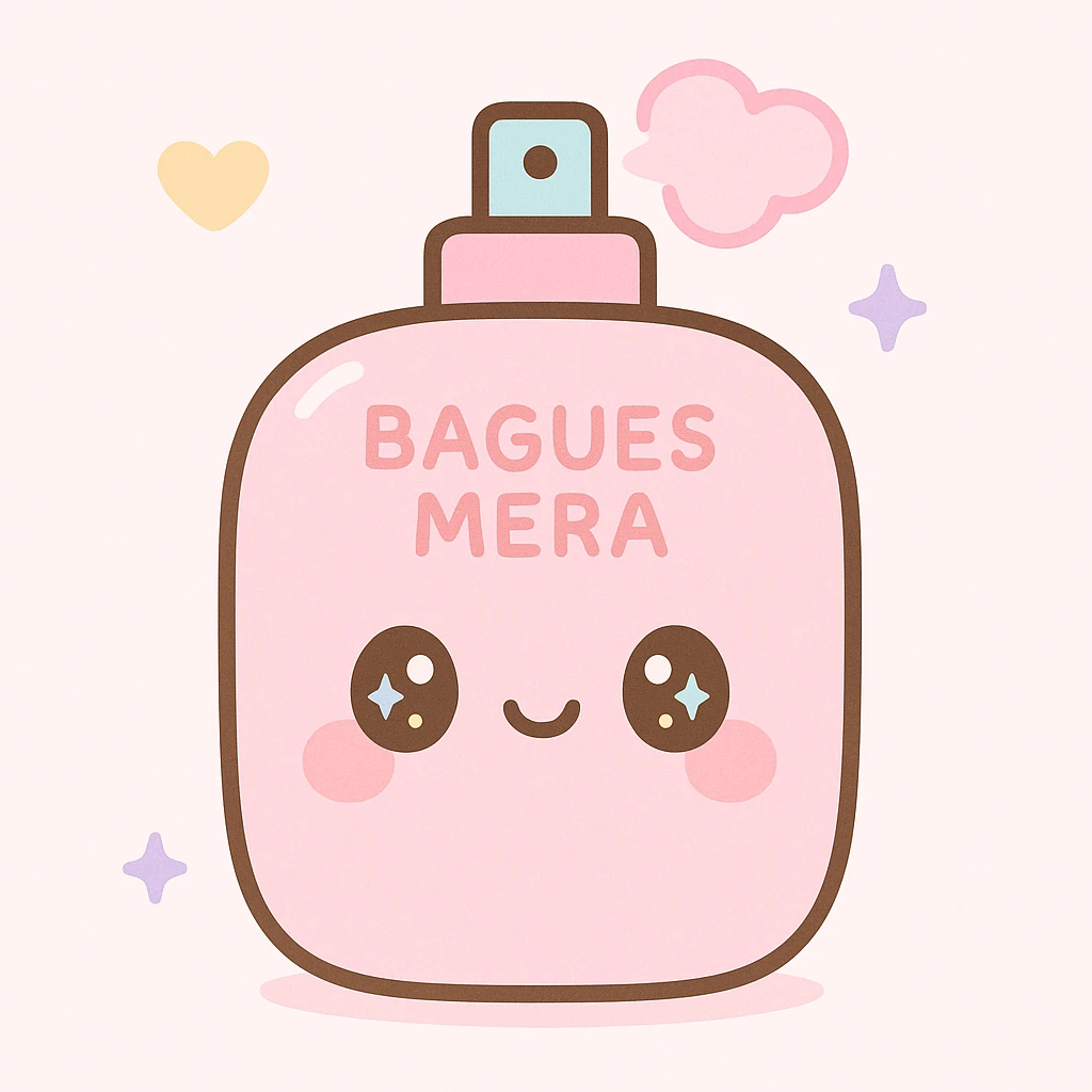 pink perfume bottle with the letters 'bagues mera', cute and tender kawaii style emoji