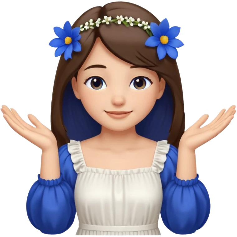 Generate a girl with her eyes closed and smiling and Boht her hands under the chin, palms facing upwards. She should be wearing a white dress with cobalt blue flowers on the dress and puffed sleeves. She has ling straight hair. Only her face and chest is visible. emoji