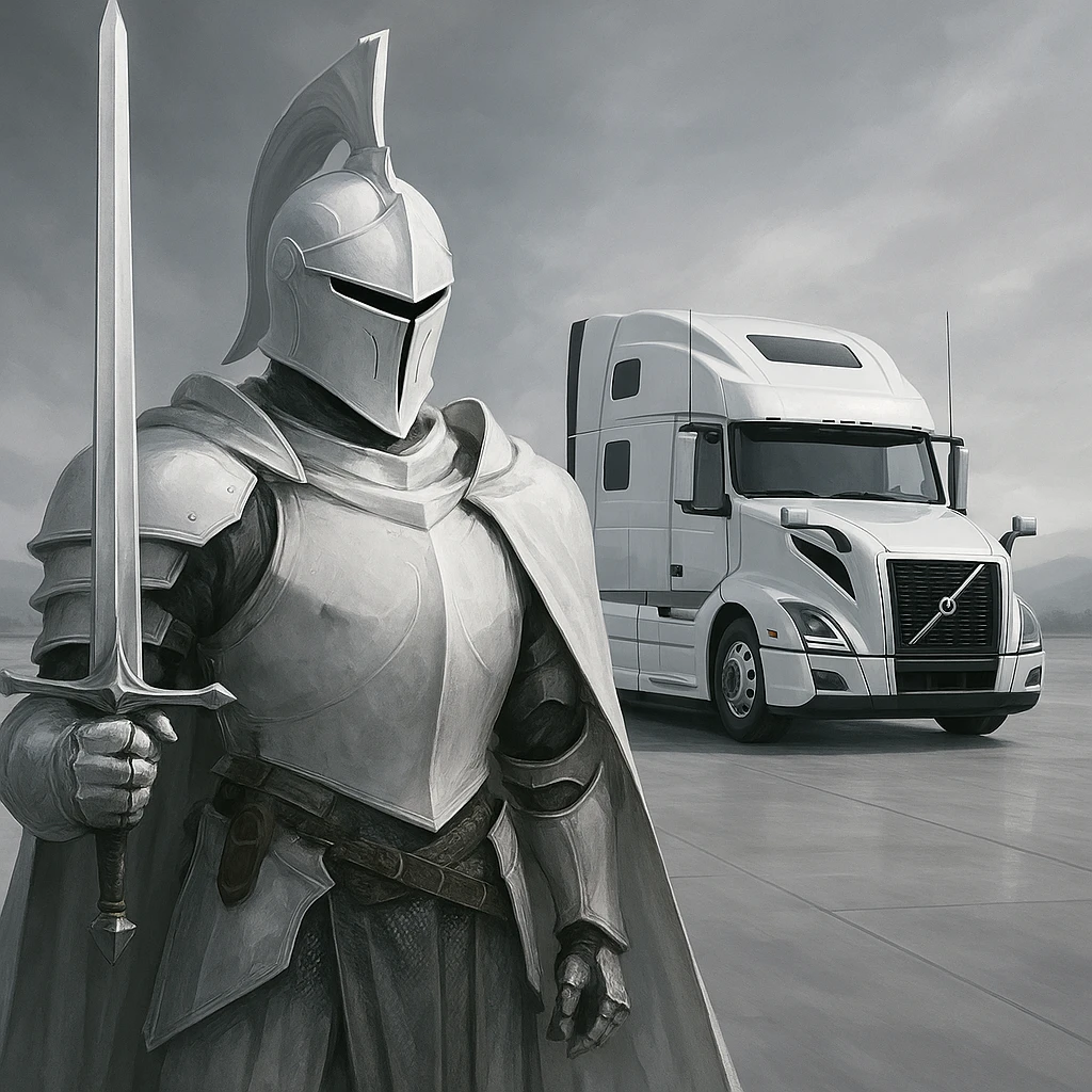 a white knight with a 2022 white Volvo semi sleeper truck parked in the distance, epic, modern, clean background emoji